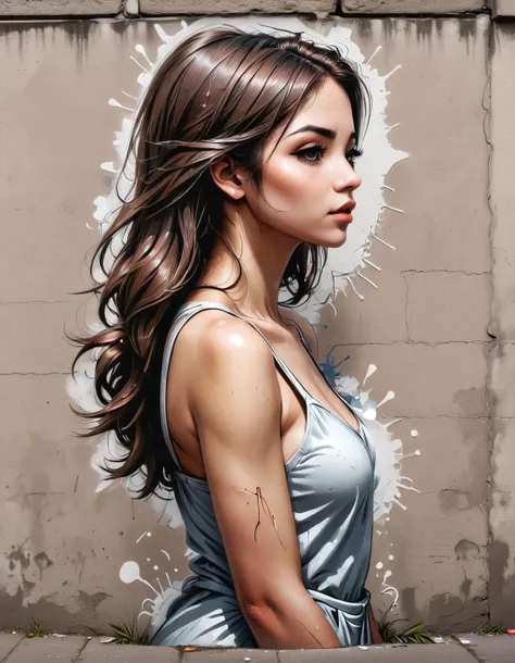 3d graffiti of a woman, on the wall, looking very realistic, shot from wrong angle