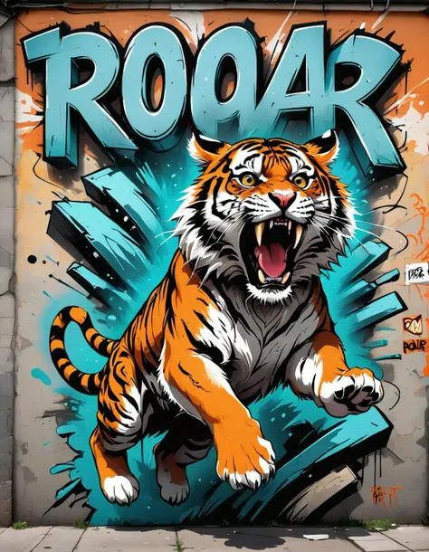 surreal graffiti, tiger jumping out the wall, comic style word "ROAR"