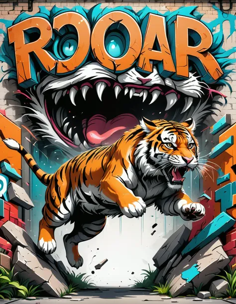 surreal graffiti, 3D effect, tiger jumping out the wall, comic style word "ROAR"