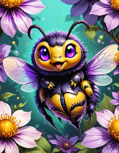 bumblee on a purple flower, digital art, cartoon style