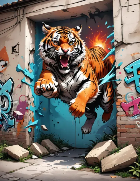 surreal graffiti, 3D effect, tiger jumping out the wall