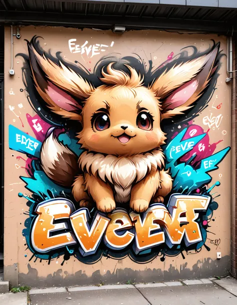 graffiti on wall, fluffy eevee, letters spell "EEVEE!", (comic like word spells EEVEE)