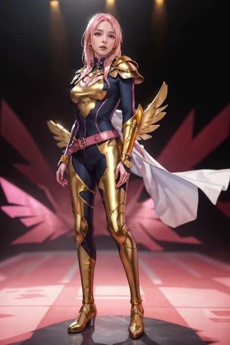 highres,absurdres,masterpiece,best quality,original,extremely detailed CG,extremely detailed wallpaper,perfect lighting,looking at viewer,bare hands,standing on stage,1girl,blurry background,
<lora:SongBird__Marvel_:0.7>, hero suit,straight hair,white and pink hair,Gold belt,gold wristband,Gold Shoulder pad,pink wings,