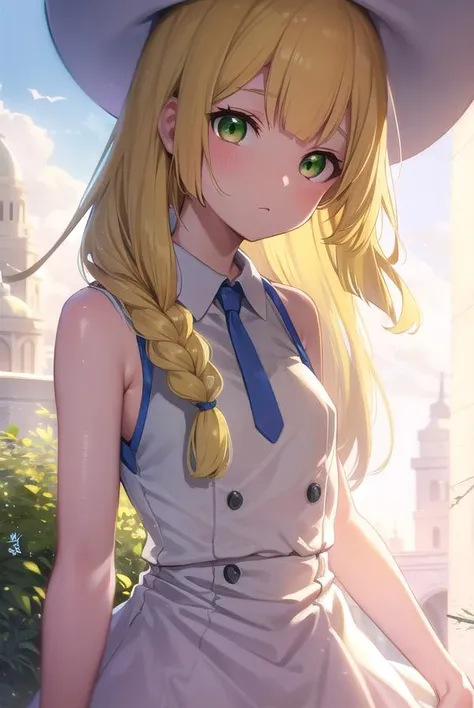 pokemonlilie, <lyco:pokemonlilie-lyco-nochekaiser:1>,
pokemonlilie, blonde hair, blunt bangs, (green eyes:1.5), long hair, (small breasts:1.2),
BREAK braid, collared dress, dress, hat, sleeveless, sleeveless dress, sun hat, sundress, twin braids, white dress, white headwear,
BREAK looking at viewer, upper body, full body, (cowboy shot:1.5),
BREAK outdoors, nature, sky,
BREAK <lyco:GoodHands-beta2:1>, (masterpiece:1.2), best quality, high resolution, unity 8k wallpaper, (illustration:0.8), (beautiful detailed eyes:1.6), extremely detailed face, perfect lighting, extremely detailed CG, (perfect hands, perfect anatomy),