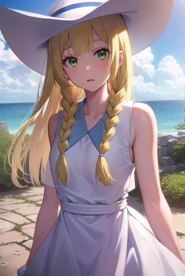 A woman in a hat and dress standing on a stone path - SeaArt AI