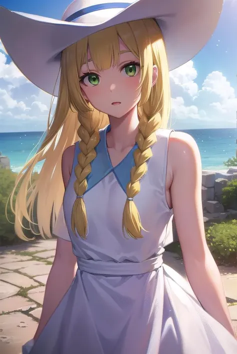 pokemonlilie, <lyco:pokemonlilie-lyco-nochekaiser:1>,
pokemonlilie, blonde hair, blunt bangs, (green eyes:1.5), long hair, (small breasts:1.2),
BREAK braid, collared dress, dress, hat, sleeveless, sleeveless dress, sun hat, sundress, twin braids, white dress, white headwear,
BREAK looking at viewer, upper body, full body, (cowboy shot:1.5),
BREAK outdoors, nature, sky,
BREAK <lyco:GoodHands-beta2:1>, (masterpiece:1.2), best quality, high resolution, unity 8k wallpaper, (illustration:0.8), (beautiful detailed eyes:1.6), extremely detailed face, perfect lighting, extremely detailed CG, (perfect hands, perfect anatomy),