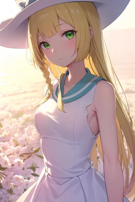 pokemonlilie, <lyco:pokemonlilie-lyco-nochekaiser:1>,
pokemonlilie, blonde hair, blunt bangs, (green eyes:1.5), long hair, (small breasts:1.2),
BREAK braid, collared dress, dress, hat, sleeveless, sleeveless dress, sun hat, sundress, twin braids, white dress, white headwear,
BREAK looking at viewer, upper body, full body, (cowboy shot:1.5),
BREAK outdoors, nature, sky,
BREAK <lyco:GoodHands-beta2:1>, (masterpiece:1.2), best quality, high resolution, unity 8k wallpaper, (illustration:0.8), (beautiful detailed eyes:1.6), extremely detailed face, perfect lighting, extremely detailed CG, (perfect hands, perfect anatomy),
