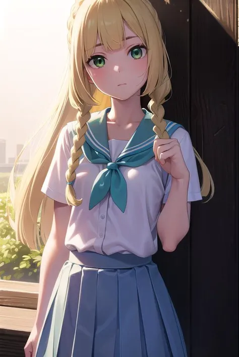 pokemonlilie, <lyco:pokemonlilie-lyco-nochekaiser:1>,
pokemonlilie, blonde hair, blunt bangs, (green eyes:1.5), long hair, (small breasts:1.2),
BREAK braid, french braid, high ponytail, miniskirt, pleated skirt, sailor collar, shirt, short sleeves, skirt, white shirt, white skirt,
BREAK looking at viewer, upper body, full body, (cowboy shot:1.5),
BREAK outdoors, nature, sky,
BREAK <lyco:GoodHands-beta2:1>, (masterpiece:1.2), best quality, high resolution, unity 8k wallpaper, (illustration:0.8), (beautiful detailed eyes:1.6), extremely detailed face, perfect lighting, extremely detailed CG, (perfect hands, perfect anatomy),