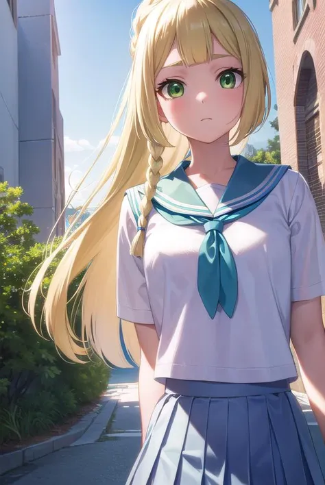 pokemonlilie, <lyco:pokemonlilie-lyco-nochekaiser:1>,
pokemonlilie, blonde hair, blunt bangs, (green eyes:1.5), long hair,
BREAK braid, french braid, high ponytail, miniskirt, pleated skirt, sailor collar, shirt, short sleeves, skirt, white shirt, white skirt,
BREAK looking at viewer, upper body, full body, (cowboy shot:1.5),
BREAK outdoors, nature, sky,
BREAK <lyco:GoodHands-beta2:1>, (masterpiece:1.2), best quality, high resolution, unity 8k wallpaper, (illustration:0.8), (beautiful detailed eyes:1.6), extremely detailed face, perfect lighting, extremely detailed CG, (perfect hands, perfect anatomy),