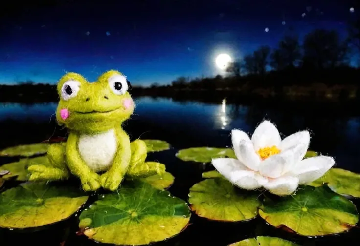 pamfelt water lily on a lake with a frog at night, romantic scene