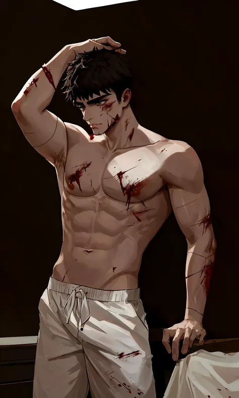 A woman who had fought, defeated her opponent, a battered body but still tough, a shirt full of blood stains and torn, her body perfect with abs, an exhausted expression, panting