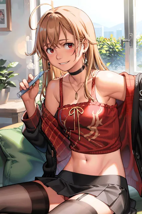 masterpiece, best quality, <lora:junko:1>, <lora:comiclo:1>,1girl, solo, thighhighs, breasts, long hair, blonde hair, skirt, ahoge, jacket, large breasts, smile, garter straps, sitting, looking at viewer, choker, black thighhighs, black jacket, cleavage, jewelry, navel, red eyes, open jacket, red skirt, off shoulder, collarbone, midriff, condom, open clothes, bare shoulders, condom wrapper, hair between eyes, pleated skirt, camisole, miniskirt, signature, blush, necklace, long sleeves, strap slip, earrings, bangs, shirt, holding, couch
