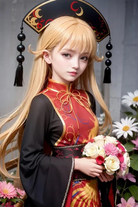 masterpiece, best quality, <lora:junko:1>, 1girl, solo, long hair, blonde hair, red eyes, smile, dress, flower, looking at viewer, long sleeves, breasts, medium breasts, hat, black dress, tabard, chinese clothes, wide sleeves, upper body, ribbon, very long hair, sash, bangs, closed mouth, floral print