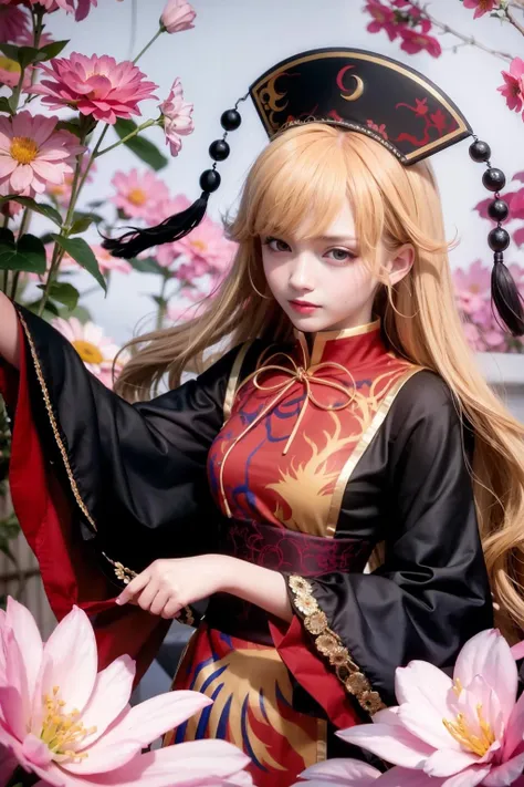 masterpiece, best quality, <lora:junko:1>, 1girl, solo, long hair, blonde hair, red eyes, smile, dress, flower, looking at viewer, long sleeves, breasts, medium breasts, hat, black dress, tabard, chinese clothes, wide sleeves, upper body, ribbon, very long hair, sash, bangs, closed mouth, floral print