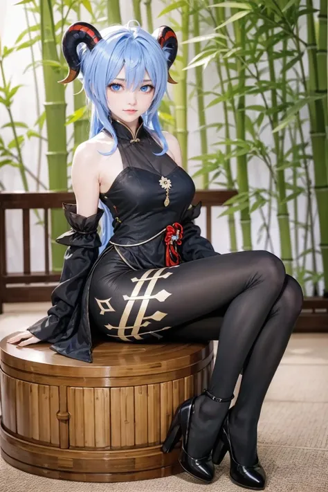 Masterpiece, Best quality, A high resolution, 1girll, Blue hair, Long hair, Very long hair, pony tails, bangs, hair between eye, side locks, ahoge, goat horn, Horns, Purple eyes, bell, cowbell, Neckbells, Collar, Detached collar, White collar, Bare shoulders, Pantyhose, Black pantyhose, bodystocking, Tights under clothes, Pelvic curtain, Detached sleeves, White sleeves, Long sleeves, Golden decoration, Medium breasts, mitts, Black gloves, ribbon, Leg ribbon, ankle ribbon, White footwear, visions (Genshin Impact), Ganyu \(Genshin Impact\), Outdoors, (east asian architecture, Autumn, Autumn leaves), Sitting, looking at the distance, From the side Side,
