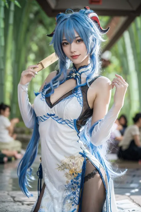 Blue and white fox woman with long white wavy mini hair and with 9 fox tails on her back with a long white fox tails with dark blue tips at the end a Annoyed stare expression on her face and wearing a blue and white blossom kimono  and holding a katana