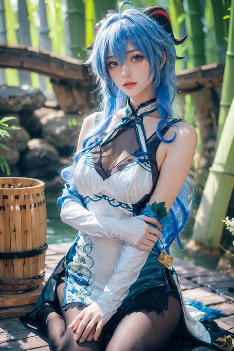 {{masterpiece, best quality, extremely detailed CG, unity 8k wallpaper, cinematic lighting, lens flare}},blue hair,(goat horns:1.2),elbow gloves,Blue and white cheongsam,qipaoganyu,hair between eyes,pantyhose,(looking at viewer:1.2),blue eyes,black dress,wide view,full body,sitting,cosplay,ganyu \(genshin impact\),thick body,ganyu,chinese clothes,long hair,green eyes,(bamboo forest:1.3),stone path,onsen,<lora:qipaoganyu_20230728170713:0.8>,