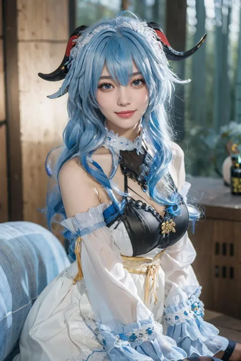 (photorealistic:1.4), (masterpiece, sidelighting, finely detailed beautiful eyes: 1.2), masterpiece*portrait, realistic, 3d face,
ganyu \(genshin impact\), 1girl, ahoge, architecture, bangs, bare shoulders, bell, black gloves, black pantyhose, (blue hair), blush, breasts, chinese knot, detached sleeves, flower knot, gloves, horns, long hair, looking at viewer, medium breasts, neck bell