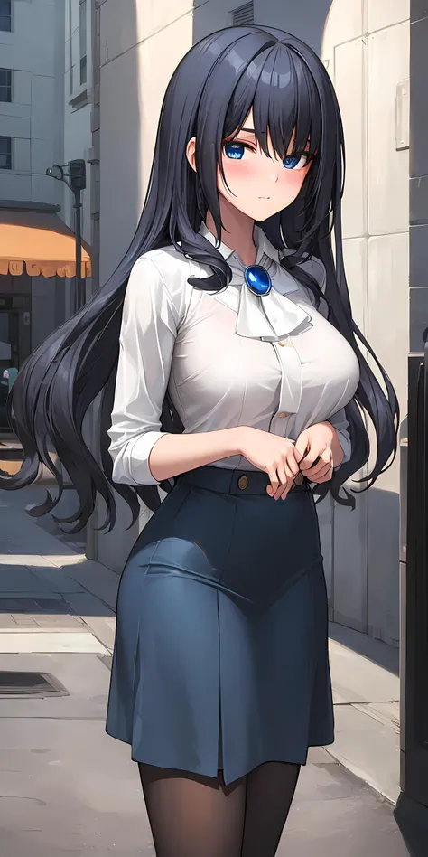 (masterpiece:1.2, best quality), (finely detailed beautiful eyes: 1.2), 1girl, solo focus, (extremely detailed CG unity 8k wallpaper, masterpiece, best quality, ultra-detailed, best shadow), (detailed background), (beautiful detailed face, beautiful detailed eyes), evelynv3, white shirt, jewelry, blue brooch, trousers, blue skirt, black pantyhose, black thighighs, dark blue hair, blue eyes, large breasts, High contrast,blush, beautiful woman, adult, (best illumination, an extremely delicate and beautiful),(simple backround, outdoors, city, from the front), looking at viewer,beautiful detailed glow,