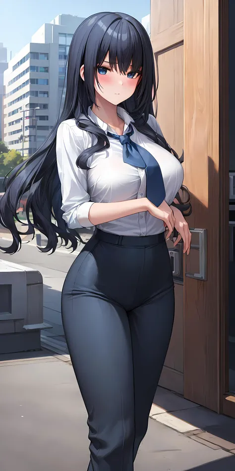 (masterpiece:1.2, best quality), (finely detailed beautiful eyes: 1.2), 1girl, solo focus, (extremely detailed CG unity 8k wallpaper, masterpiece, best quality, ultra-detailed, best shadow), (detailed background), (beautiful detailed face, beautiful detailed eyes), evelynv3, white shirt, necktie, brooch, trousers, work uniform, teacher, dark blue hair, blue eyes, large breasts, High contrast,blush, beautiful woman, adult, (best illumination, an extremely delicate and beautiful),(simple backround, outdoors, city, from the front), looking at viewer,beautiful detailed glow,