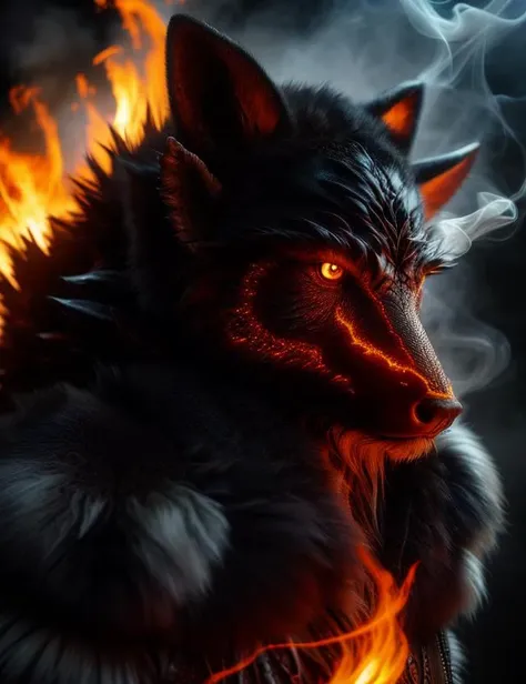 hyper detailed masterpiece, dynamic, awesome quality, leather, fur, jinn, supernatural being, shapeshifting abilities, appears as smoke or fire, monstrous appearance, magical supernatural powers, air and fire elements, powerful and mysterious <lora:DonMR31nd33r:0.8>