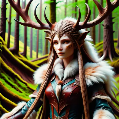 hyper detailed masterpiece, dynamic, awesome quality, DonMR31nd33rXL leather, fur, ignis fatuus, female humanoid creature, hidden tail, beautiful, alluring, long flowing hair covering part of the face, traditional attire, reminiscent of folk clothing, back covered in bark, forest natural surroundings, seductive, mysterious forest spirit, mischievous <lora:DonMR31nd33rXL-000008:0.8>