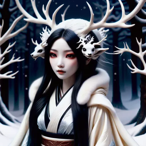 hyper detailed masterpiece, dynamic, awesome quality, DonMR31nd33rXL pixie, japanese snow ghost, female, cold ethereal beauty, white kimono, long black hair, pale skin, haunting eyes, winter, snow, haunting, supernatural, stygical, demonic expression <lora:DonMR31nd33rXL-000008:1>
