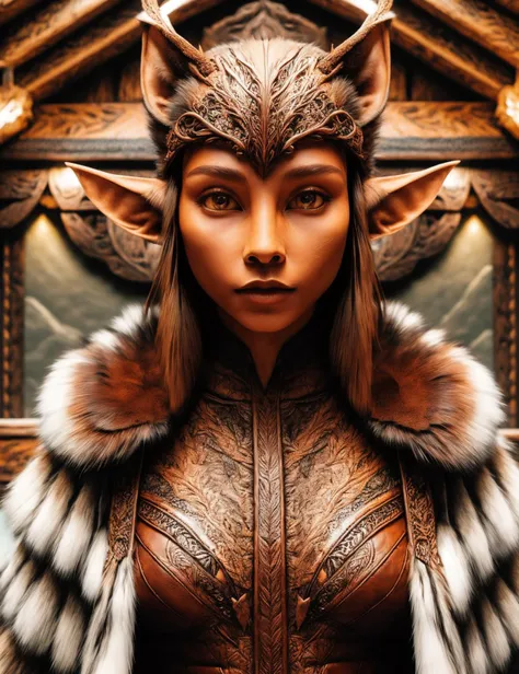 hyper detailed masterpiece, dynamic, awesome quality, DonMR31nd33r, leather, fur, female  house elf, small humanoid being, large pointed ears, brown earth toned simple tattered clothing, subservient humble demeanor, large expressive eyes, magical, loyalty, dedication, strong sense of duty, extreme   <lora:DonMR31nd33r:0.8>