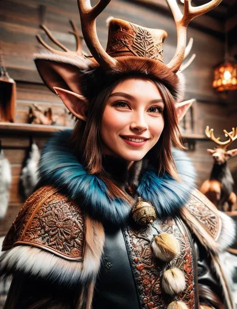 hyper detailed masterpiece, dynamic, awesome quality, leather, fur, hyper detailed masterpiece, dynamic, awesome quality, DonMR31nd33rXL leather, fur, blue azure christmas elf, small humanoid creature, pointed ears, bright and festive attire, pointed hat with a bell on the tip, merry cheerful expression, rosy cheeks, lively eyes, joyful, industrious, and mean grin, workshop <lora:DonMR31nd33r:0.65>