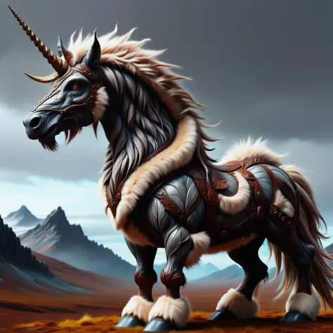 hyper detailed masterpiece, dynamic, awesome quality, DonMR31nd33rXL leather, fur, unicorn, fictional humanoid creatures, brutish, fearsome, strength, muscular,rough rugged appearance, 8 to 10 feet tall, broad, gray skin, dark thick coarse hair,broad, prominent brows, sharp, elongated noses, and wide, powerful jaws, sharp teeth fantasy <lora:DonMR31nd33rXL-000008:0.8>