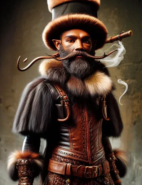 hyper detailed masterpiece, dynamic, awesome quality, leather, fur, medusa, small humanoid creature, beard, hat, green clothing, buckled shoes and stockings, playful expression, pot of gold, smoking a pipe, short stature, 2 feet tall, tricky, mischievous, lively,urban lifestyle,atmospheric sciences <lora:DonMR31nd33r:0.8>