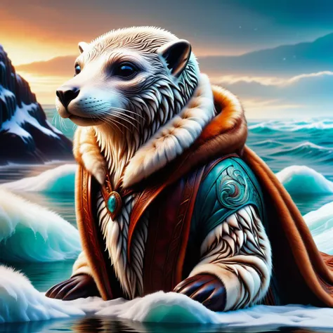 hyper detailed masterpiece, dynamic, awesome quality, DonMR31nd33rXL leather, fur, selkie, mythical enchanting mystical creature, seal in water attractive, wearing a seal skin cloak, connection to the sea, transformation, love, tragedy <lora:DonMR31nd33rXL-000008:0.8>