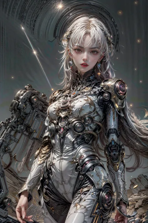 <(best quality, extremery best quality, masterpiece:1.4), (realistic, intricate details:1.4), (photorealistic:1.4), (extremely intricate:1.4), highres, ultra highres, ultra detailed, ultra-detailed, absurdres, incredibly absurdres, extremely detailed, high quality, high resolution, hyperrealistic, ultra-realistic, hyper-detailed, top quality, best, fine detail, massive detail, Highly detailed, extreme detailed, highest detailed, high-res, absolutely resolution, reflection, (refraction:1.4), (hyperrealism:1.4), ultra realistic details, highly intricate details, insane details>, BREAK, (1girl:1.3), solo, looking at viewer, (young cute beautiful 18-year-old girl:1.4), 3d face, (hand of Guido Daniele:1.4), beautiful girl, Beautiful face, pretty, girlface, kpop idol, supermodel, stunning innocent symmetry face, perfect body, medium breast, slim waist, slim legs, (high detailed skin:1.5), glowing eyes, goddess, natural skin texture, shiny skin, White skin, Beautiful detailed face, detailed face, real skin texture, cute delicate face, finely detailed face, golden ratio, golden ratio face, expressive eyes, perfect face, perfect skin, flawless face, clear face, shiny hair, pale skin, Proper body proportion, perfect anatomy, realistic skin texture, luscious lips, glossy lips, natural makeup, beautiful bright pupils, slender figure, intricate eyes, detailed pupils, detailed face and eyes, longeyelashes, blush, good hand, perfect hands, pretty face, beautiful female bodies, finely detailed skin, oily shiny skin, clean facial features, an extremely delicate and beautiful, cute & girly, beautiful detailed eyes, stars in the eyes, detailed simmetric eyes, perfect smooth skin texture, BREAK, (((((brilliant colors, (silver cloth, mecha hands, (holding big gun), silver mecha bodysuit, high cut bodysuit, moon surface, mecha arms, mecha jiont, sexy, slim, (white mecha), mecha leggings, Tangled wires, messy data cables, circuit console, in the style of energetic movement, low-angle, liquid metal inspired, long hair, gray hair:1.4), goddess women, aura, most beautiful artwork in the world, atmosphere, (neon, cyborg:1.2),(cyberpunk background:1.2), (sparkly:1.2), (Futuristic cyberpunk cityscape bathed in neon lights, a lone full mech tech robot:1.2), (dramatic, gritty, intense:1.4), (depth of field:1.7), slow-motion action sequences, surreal details, charging forward, (light anger:1.4), ( absurdly long hair:1.5), ((The girl looked disgusted)), (long legs:1.3), A shot with tension, (Visual impact, giving the poster a dynamic and visually striking appearance:1.2), impactful picture, (joshua middleton comic cover art, hypermaximalist, instagram contest winner, fashion color scheme, trending on cgsociety, playful illustrations, imaginative overlays, artistic fusion, fantastical scenes, evocative narratives, striking visuals:1.3), (Glowing ambiance, enchanting radiance, luminous lighting, ethereal atmosphere, mesmerizing glow, evocative hues, captivating coloration, dramatic lighting, enchanting aura:1.2), (moon, melanchonic soft light, photorealistic faces, moody lighting:1.4), (night, Night time, moon light, Golden Hour, sky, landscape, stars, starry, galaxy sky, milky way, night sky full of stars:1.2), (braids, floating hair, rock, bloom, bloom effect, random patterns, energetic movement, bold colors, dynamic texture, spontaneous creativity:1.2), (blush, Pink lips, Pink lip colour, flat bangs:1.4), (long_hair, outdoors:1.3), (breeze, dust is drifting, ethereal, scenery, nature, mysterious background, fog, wind:1.2), (iridescent colors, Iridescence, mysterious, fantasy background, fantasy, open mouth:1.2), (Luminescent Particles:1.3), (fullbody:1.2), (eye focus, face focus, character focus, close-up face:1.2), (dutch angle, cowboy shot:1.3), colorful refraction)))), BREAK, <hyper realistic DSLR photo, Nikon D5, cinematic portrait, portrait, ultra sharp, analog film photography, film emulation, bokeh, blurry noise background, watercolor, available light, detailed light, volumetric fog, beautiful lighting, Rembrandt lighting, Cinematic, pixel art, game art, key visual, surreal, PBR Texturing, Anisotropic Filtering, Maximum Clarity And Sharpness, Albedo And Specular Maps, Multi-Layered Textures, Surface Shading, Sub-Pixel Convolution, Sub-Pixel Convolution, Accurate Simulation Of Light-Material Interaction, blurry foreground, broad light, volumetric light effect, matte painting, perfectly defined features, volumetric lighting, Tone Mapping, Lumen Reflections, Global illumination, Ray Tracing, Screen Space Global Illumination, Accent Lighting, 32k, Natural Lighting, volumetric, cinematic masterpiece, Rule of thirds, high dynamic range, Multi-exposure HDR capture, cinematic render, game cg cinematic, atmospheric perspective, scene, epic dynamic frame, motion blur, ((cinematic look, Film look)), rim light, 4k textures, adobe lightroom, photolab, hyperdetailed, exposure blend, professional color grading, professional color correction, aerial perspective, particles and dust in beams of light, cinematic scene, dynamic lighting, sharp details, lomography, soft focus, light leaks, bold hues, atmospheric depth, (explosive light and shadow:1.2), aesthetics, intricate designs, ultra realistic digital art, (zentangle, mandala, tangle, entangle), (fractal art), elegant, vivid colours, floating particles, particles, epic, (ink drawing, oil painting detailed), RAW, huge filesize, extremery detailed CG, Photo, 8k uhd, cinematic atmosphere, trending on artstation, award-winning glamour photograph, highly detailed photo, official art, beautiful and aesthetic, unity 8k wallpaper, beautiful, highly detailed CG illustration, best illustration, intricate, Amazing, emotional, analog, painting, digital painting, concept art, Oil Painting, illustration, Classical art, Renaissance, Romanticism, Neoclassicism, Color Palette, depth and contrast, Vibrant colors, saturated, rich saturation, color harmony, vivid palette, concept-art, design style, detail character, concept render, colorful, analog photography, dreamy atmosphere, specular highlights, atmospheric lighting, (dynamic angle, dynamic pose :1.3), (shiny, clothes reflecting light, lens flare, bloom effect, light particle, lens glare:1.3), realistic light, realistic lighting, cinematic light, (cinematic lighting), light in the face, soft lighting, saturated colors, detailed background, sharp focus, 8k high definition, perspective, Master Composition, roughness, post-processing, soft shadows, realistic shadows, ambient occlusion, ray-tracing, subsurface scattering, photon mapping, physically-based rendering, octane rendering, unreal engine 5, ue5 rendering, Adobe After FX, dslr, RTX, Best character details, radiosity, sharp, antialiased, RAW photo, HDR, 8k, 4k, (((Photographed by Roger Deakins, using a RED Monstro 8K VV camera and a series of high-end lenses))), ((Hasselblad photography)), (film grain:1.4), Kodak portra 400, ((Fujifilm X-T5)), professional photograph, caustics, Broad lighting, diffuse lighting, rim lighting, two tone lighting, textile details, visible pores, high resolution scan, professionally color graded, photographic reality, automatic white balance, best lighting, detailed shadow, high contrast, strong light and shadow>, (PureErosFace_V1:0.4), (ulzzang-6500:0.6), <lora:epiNoiseoffset_v3:2>, <lora:add_detail:0.6>, <lora:hipoly_3dcg_v7-epoch-000012:0.6>, (kbxll:0.6), <lora:more_details:0.6>, <lora:white mecha v1:0.6>