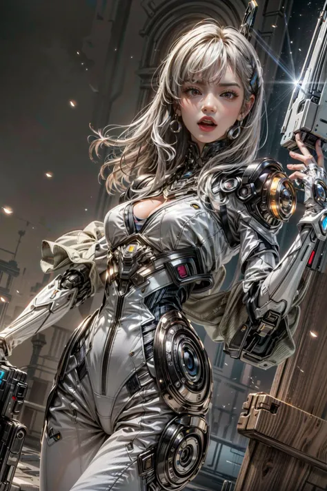 <(best quality, extremery best quality, masterpiece:1.4), (realistic, intricate details:1.4), (photorealistic:1.4), (extremely intricate:1.4), highres, ultra highres, ultra detailed, ultra-detailed, absurdres, incredibly absurdres, extremely detailed, high quality, high resolution, hyperrealistic, ultra-realistic, hyper-detailed, top quality, best, fine detail, massive detail, Highly detailed, extreme detailed, highest detailed, high-res, absolutely resolution, reflection, (refraction:1.4), (hyperrealism:1.4), ultra realistic details, highly intricate details, insane details>, BREAK, (1girl:1.3), solo, looking at viewer, (young cute beautiful 18-year-old girl:1.4), 3d face, (hand of Guido Daniele:1.4), beautiful girl, Beautiful face, pretty, girlface, kpop idol, supermodel, stunning innocent symmetry face, perfect body, medium breast, slim waist, slim legs, (high detailed skin:1.5), glowing eyes, goddess, natural skin texture, shiny skin, White skin, Beautiful detailed face, detailed face, real skin texture, cute delicate face, finely detailed face, golden ratio, golden ratio face, expressive eyes, perfect face, perfect skin, flawless face, clear face, shiny hair, pale skin, Proper body proportion, perfect anatomy, realistic skin texture, luscious lips, glossy lips, natural makeup, beautiful bright pupils, slender figure, intricate eyes, detailed pupils, detailed face and eyes, longeyelashes, blush, good hand, perfect hands, pretty face, beautiful female bodies, finely detailed skin, oily shiny skin, clean facial features, an extremely delicate and beautiful, cute & girly, beautiful detailed eyes, stars in the eyes, detailed simmetric eyes, perfect smooth skin texture, BREAK, (((((brilliant colors, (silver cloth, mecha hands, (holding big gun), silver mecha bodysuit, high cut bodysuit, moon surface, mecha arms, mecha jiont, sexy, slim, (white mecha), mecha leggings, Tangled wires, messy data cables, circuit console, in the style of energetic movement, low-angle, liquid metal inspired, long hair, gray hair:1.4), goddess women, aura, most beautiful artwork in the world, atmosphere, (neon, cyborg:1.2),(cyberpunk background:1.2), (sparkly:1.2), (Futuristic cyberpunk cityscape bathed in neon lights, a lone full mech tech robot:1.2), (dramatic, gritty, intense:1.4), (depth of field:1.7), slow-motion action sequences, surreal details, charging forward, (light anger:1.4), ( absurdly long hair:1.5), ((The girl looked disgusted)), (long legs:1.3), A shot with tension, (Visual impact, giving the poster a dynamic and visually striking appearance:1.2), impactful picture, (joshua middleton comic cover art, hypermaximalist, instagram contest winner, fashion color scheme, trending on cgsociety, playful illustrations, imaginative overlays, artistic fusion, fantastical scenes, evocative narratives, striking visuals:1.3), (Glowing ambiance, enchanting radiance, luminous lighting, ethereal atmosphere, mesmerizing glow, evocative hues, captivating coloration, dramatic lighting, enchanting aura:1.2), (moon, melanchonic soft light, photorealistic faces, moody lighting:1.4), (night, Night time, moon light, Golden Hour, sky, landscape, stars, starry, galaxy sky, milky way, night sky full of stars:1.2), (braids, floating hair, rock, bloom, bloom effect, random patterns, energetic movement, bold colors, dynamic texture, spontaneous creativity:1.2), (blush, Pink lips, Pink lip colour, flat bangs:1.4), (long_hair, outdoors:1.3), (breeze, dust is drifting, ethereal, scenery, nature, mysterious background, fog, wind:1.2), (iridescent colors, Iridescence, mysterious, fantasy background, fantasy, open mouth:1.2), (Luminescent Particles:1.3), (fullbody:1.2), (eye focus, face focus, character focus, close-up face:1.2), (dutch angle, cowboy shot:1.3), colorful refraction)))), BREAK, <hyper realistic DSLR photo, Nikon D5, cinematic portrait, portrait, ultra sharp, analog film photography, film emulation, bokeh, blurry noise background, watercolor, available light, detailed light, volumetric fog, beautiful lighting, Rembrandt lighting, Cinematic, pixel art, game art, key visual, surreal, PBR Texturing, Anisotropic Filtering, Maximum Clarity And Sharpness, Albedo And Specular Maps, Multi-Layered Textures, Surface Shading, Sub-Pixel Convolution, Sub-Pixel Convolution, Accurate Simulation Of Light-Material Interaction, blurry foreground, broad light, volumetric light effect, matte painting, perfectly defined features, volumetric lighting, Tone Mapping, Lumen Reflections, Global illumination, Ray Tracing, Screen Space Global Illumination, Accent Lighting, 32k, Natural Lighting, volumetric, cinematic masterpiece, Rule of thirds, high dynamic range, Multi-exposure HDR capture, cinematic render, game cg cinematic, atmospheric perspective, scene, epic dynamic frame, motion blur, ((cinematic look, Film look)), rim light, 4k textures, adobe lightroom, photolab, hyperdetailed, exposure blend, professional color grading, professional color correction, aerial perspective, particles and dust in beams of light, cinematic scene, dynamic lighting, sharp details, lomography, soft focus, light leaks, bold hues, atmospheric depth, (explosive light and shadow:1.2), aesthetics, intricate designs, ultra realistic digital art, (zentangle, mandala, tangle, entangle), (fractal art), elegant, vivid colours, floating particles, particles, epic, (ink drawing, oil painting detailed), RAW, huge filesize, extremery detailed CG, Photo, 8k uhd, cinematic atmosphere, trending on artstation, award-winning glamour photograph, highly detailed photo, official art, beautiful and aesthetic, unity 8k wallpaper, beautiful, highly detailed CG illustration, best illustration, intricate, Amazing, emotional, analog, painting, digital painting, concept art, Oil Painting, illustration, Classical art, Renaissance, Romanticism, Neoclassicism, Color Palette, depth and contrast, Vibrant colors, saturated, rich saturation, color harmony, vivid palette, concept-art, design style, detail character, concept render, colorful, analog photography, dreamy atmosphere, specular highlights, atmospheric lighting, (dynamic angle, dynamic pose :1.3), (shiny, clothes reflecting light, lens flare, bloom effect, light particle, lens glare:1.3), realistic light, realistic lighting, cinematic light, (cinematic lighting), light in the face, soft lighting, saturated colors, detailed background, sharp focus, 8k high definition, perspective, Master Composition, roughness, post-processing, soft shadows, realistic shadows, ambient occlusion, ray-tracing, subsurface scattering, photon mapping, physically-based rendering, octane rendering, unreal engine 5, ue5 rendering, Adobe After FX, dslr, RTX, Best character details, radiosity, sharp, antialiased, RAW photo, HDR, 8k, 4k, (((Photographed by Roger Deakins, using a RED Monstro 8K VV camera and a series of high-end lenses))), ((Hasselblad photography)), (film grain:1.4), Kodak portra 400, ((Fujifilm X-T5)), professional photograph, caustics, Broad lighting, diffuse lighting, rim lighting, two tone lighting, textile details, visible pores, high resolution scan, professionally color graded, photographic reality, automatic white balance, best lighting, detailed shadow, high contrast, strong light and shadow>, (PureErosFace_V1:0.4), (ulzzang-6500:0.6), <lora:epiNoiseoffset_v3:2>, <lora:add_detail:0.6>, <lora:hipoly_3dcg_v7-epoch-000012:0.6>, (kbxll:0.6), <lora:more_details:0.6>, <lora:white mecha v1:0.6>