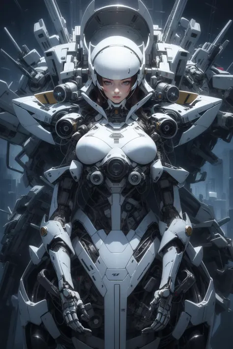 wide shot,1 Girl,long hair with slight curls,pose,white mecha,metalic mecha,mecha helmet,exquisite features,detailed features,<lora:white mecha v1:0.5>,
