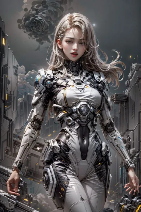 A woman in a futuristic suit standing in front of a city - SeaArt AI