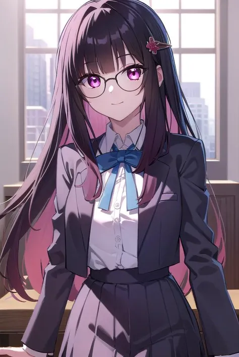honkaisparkle, <lora:sparkle school uniform-lora-nochekaiser:1>,
sparkle school uniform, black hair, colored inner hair, glasses, hair intakes, hair ornament, hairclip, long hair, multicolored hair, (pink eyes:1.3), purple hair, straight hair, smile,
BREAK black jacket, black skirt, blazer, blue ribbon, collared shirt, high-waist skirt, jacket, long sleeves, neck ribbon, open clothes, open jacket, pleated skirt, ribbon, school uniform, shirt, skirt, white shirt,
BREAK indoors, classroom,
BREAK looking at viewer, (cowboy shot:1.5), dynamic pose,
BREAK <lyco:GoodHands-beta2:1>, (masterpiece:1.2), best quality, high resolution, unity 8k wallpaper, (illustration:0.8), (beautiful detailed eyes:1.6), extremely detailed face, perfect lighting, extremely detailed CG, (perfect hands, perfect anatomy),