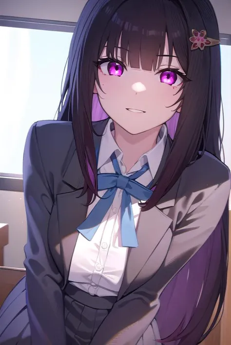 honkaisparkle, <lora:sparkle school uniform-lora-nochekaiser:1>,
sparkle school uniform, black hair, colored inner hair, glasses, hair intakes, hair ornament, hairclip, long hair, multicolored hair, (pink eyes:1.3), purple hair, straight hair, smile,
BREAK black jacket, black skirt, blazer, blue ribbon, collared shirt, high-waist skirt, jacket, long sleeves, neck ribbon, open clothes, open jacket, pleated skirt, ribbon, school uniform, shirt, skirt, white shirt,
BREAK indoors, classroom,
BREAK looking at viewer, (cowboy shot:1.5), dynamic pose,
BREAK <lyco:GoodHands-beta2:1>, (masterpiece:1.2), best quality, high resolution, unity 8k wallpaper, (illustration:0.8), (beautiful detailed eyes:1.6), extremely detailed face, perfect lighting, extremely detailed CG, (perfect hands, perfect anatomy),