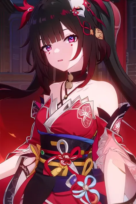 honkaisparkle, <lora:honkai sparkle ingame-lora-nochekaiser:1>,
sparkle, long hair, bangs, black hair, hair ornament, twintails, (red eyes:1.3), bell, mask, mask on head, fox mask, smile,
BREAK dress, bare shoulders, japanese clothes, sash, tattoo, red dress,
BREAK outdoors,
BREAK looking at viewer, (cowboy shot:1.5)
BREAK <lyco:GoodHands-beta2:1>, (masterpiece:1.2), best quality, high resolution, unity 8k wallpaper, (illustration:0.8), (beautiful detailed eyes:1.6), extremely detailed face, perfect lighting, extremely detailed CG, (perfect hands, perfect anatomy),