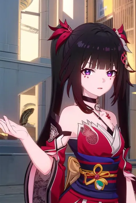 honkaisparkle, <lora:honkai sparkle ingame-lora-nochekaiser:1>,
sparkle, long hair, bangs, black hair, hair ornament, twintails, (red eyes:1.3), bell, mask, mask on head, fox mask, smile,
BREAK dress, bare shoulders, japanese clothes, sash, tattoo, red dress,
BREAK outdoors,
BREAK looking at viewer, (cowboy shot:1.5)
BREAK <lyco:GoodHands-beta2:1>, (masterpiece:1.2), best quality, high resolution, unity 8k wallpaper, (illustration:0.8), (beautiful detailed eyes:1.6), extremely detailed face, perfect lighting, extremely detailed CG, (perfect hands, perfect anatomy),