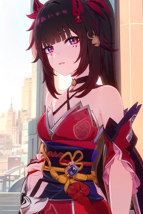 honkaisparkle, <lora:honkai sparkle ingame-lora-nochekaiser:1>,
sparkle, long hair, bangs, black hair, hair ornament, twintails, (red eyes:1.3), bell, mask, mask on head, fox mask, smile,
BREAK dress, bare shoulders, japanese clothes, sash, tattoo, red dress,
BREAK outdoors,
BREAK looking at viewer, (cowboy shot:1.5)
BREAK <lyco:GoodHands-beta2:1>, (masterpiece:1.2), best quality, high resolution, unity 8k wallpaper, (illustration:0.8), (beautiful detailed eyes:1.6), extremely detailed face, perfect lighting, extremely detailed CG, (perfect hands, perfect anatomy),