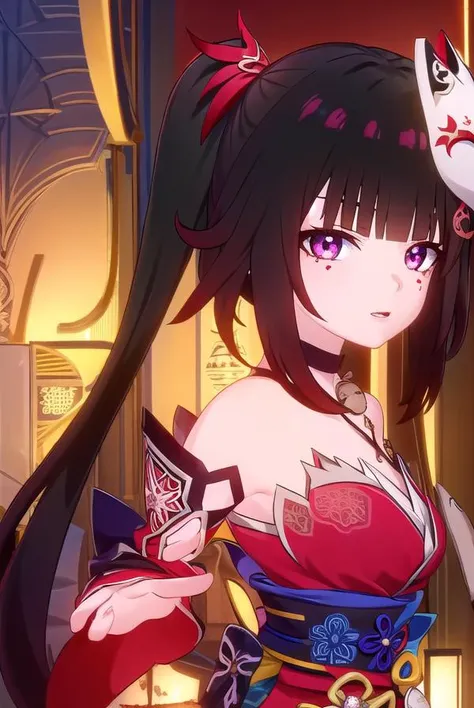 honkaisparkle, <lora:honkai sparkle ingame-lora-nochekaiser:1>,
sparkle, long hair, bangs, black hair, hair ornament, twintails, (red eyes:1.3), bell, mask, mask on head, fox mask, smile,
BREAK dress, bare shoulders, japanese clothes, sash, tattoo, red dress,
BREAK outdoors,
BREAK looking at viewer, (cowboy shot:1.5)
BREAK <lyco:GoodHands-beta2:1>, (masterpiece:1.2), best quality, high resolution, unity 8k wallpaper, (illustration:0.8), (beautiful detailed eyes:1.6), extremely detailed face, perfect lighting, extremely detailed CG, (perfect hands, perfect anatomy),