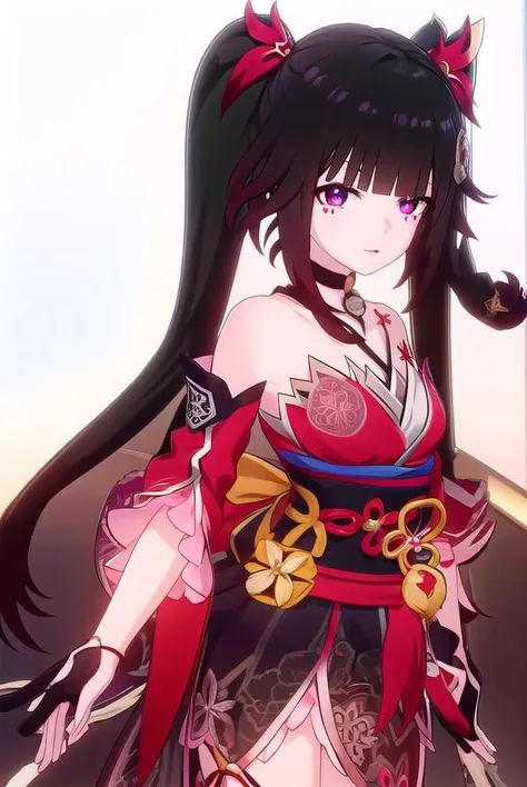 honkaisparkle, <lora:honkai sparkle ingame-lora-nochekaiser:1>,
sparkle, long hair, bangs, black hair, hair ornament, twintails, (red eyes:1.3), bell, mask, mask on head, fox mask, smile,
BREAK dress, bare shoulders, japanese clothes, sash, tattoo, red dress,
BREAK outdoors,
BREAK looking at viewer, (cowboy shot:1.5)
BREAK <lyco:GoodHands-beta2:1>, (masterpiece:1.2), best quality, high resolution, unity 8k wallpaper, (illustration:0.8), (beautiful detailed eyes:1.6), extremely detailed face, perfect lighting, extremely detailed CG, (perfect hands, perfect anatomy),