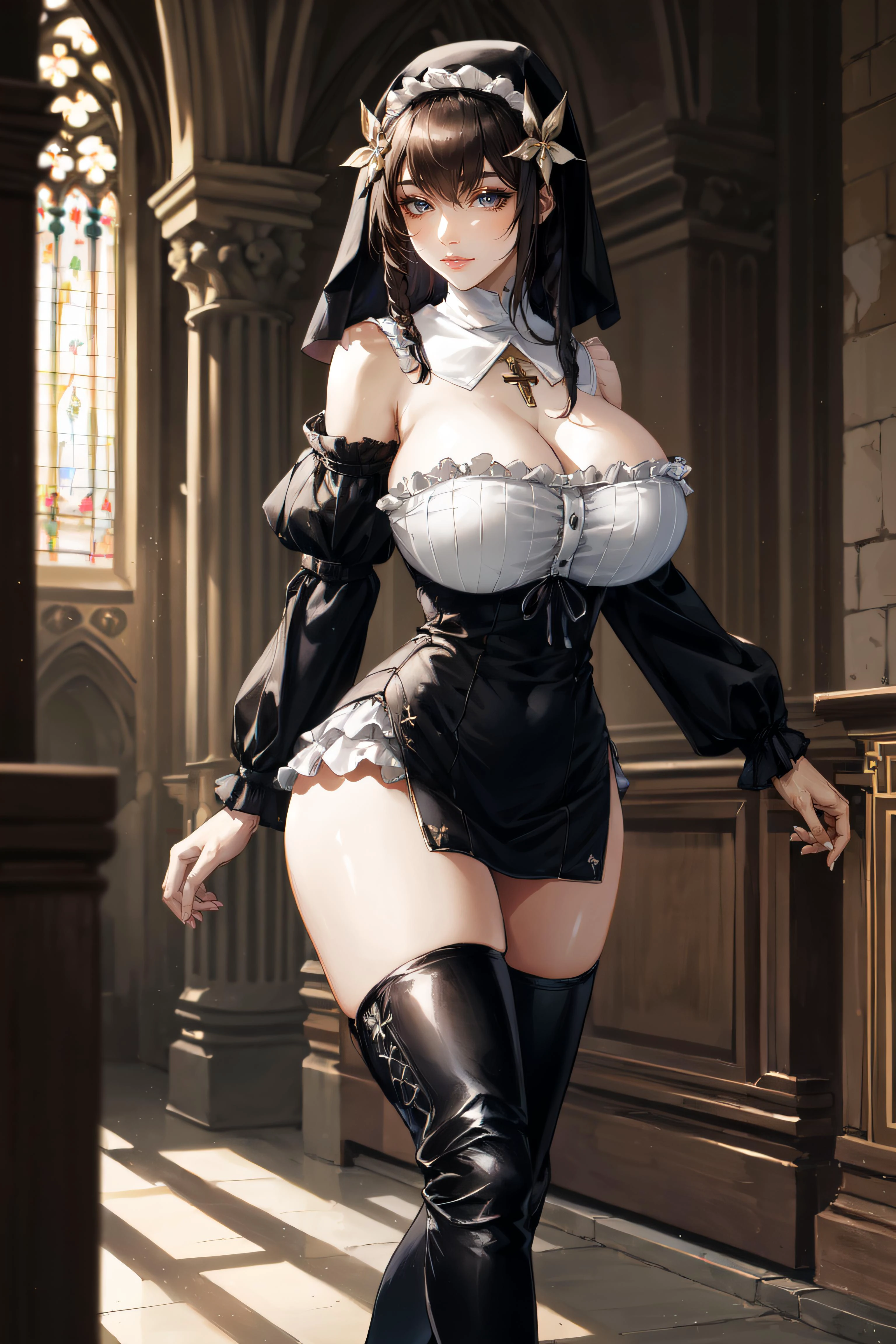 (masterpiece, best quality, ultra detailed, absurdres)1.5, 1girl, (sexy, beautiful woman, perfect face, perfect eyes, perfect female body, large breasts)1.5, (rabiane \(sinisistar\), rabiane, twin braids, nun, habit, detached collar, cross necklace, cleavage, black dress, frills, detached sleeves, black sleeves, thigh boots, <lora:rabiane-nvwls-v1:0.8>), (standing, indoors, cathedral), perfect lighting, smooth, hdr