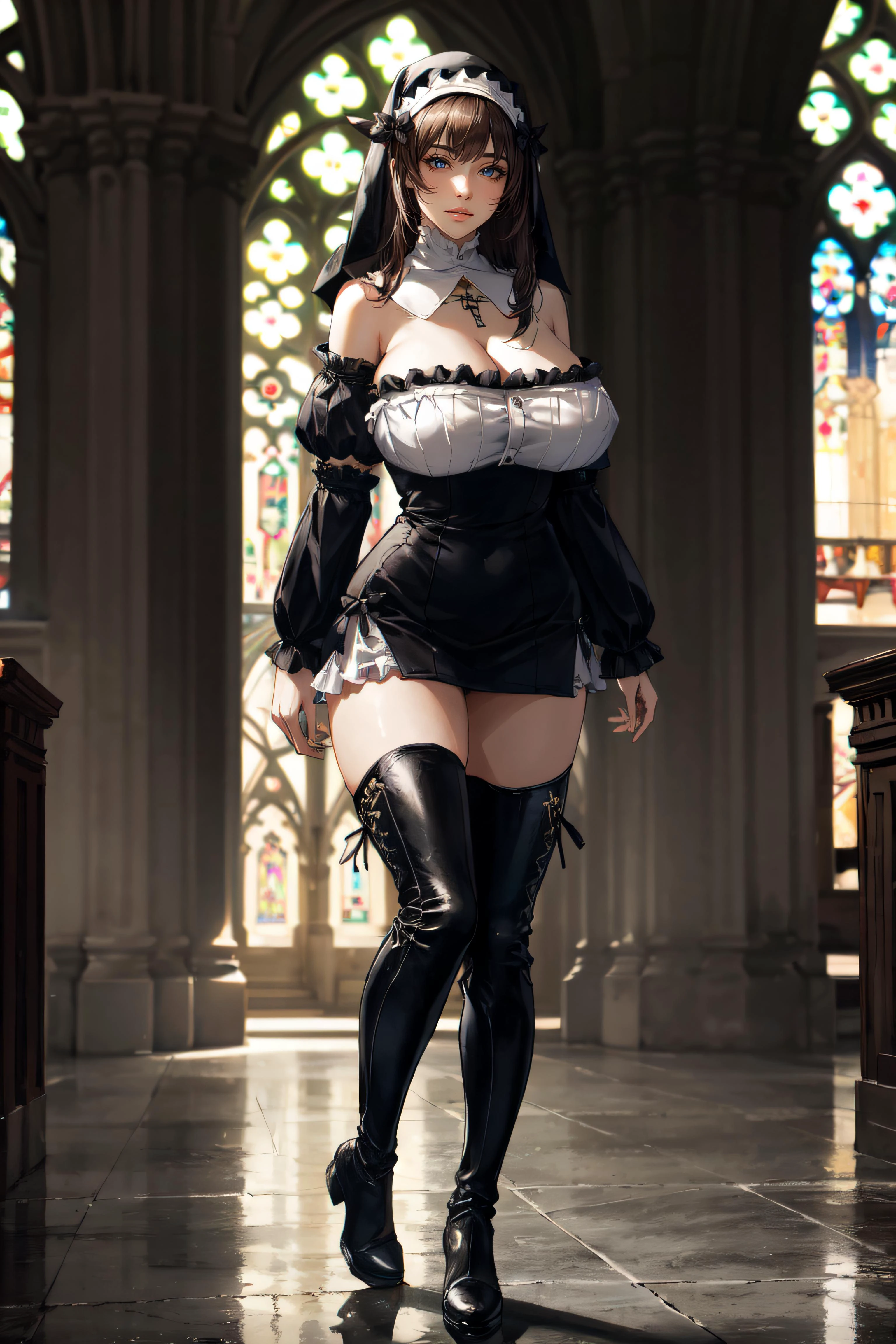 (masterpiece, best quality, ultra detailed, absurdres)1.5, 1girl, (sexy, beautiful woman, perfect face, perfect eyes, perfect female body, large breasts)1.5, (rabiane \(sinisistar\), rabiane, twin braids, nun, habit, detached collar, cross necklace, cleavage, black dress, frills, detached sleeves, black sleeves, thigh boots, <lora:rabiane-nvwls-v1:0.8>), (standing, indoors, cathedral), perfect lighting, smooth, hdr