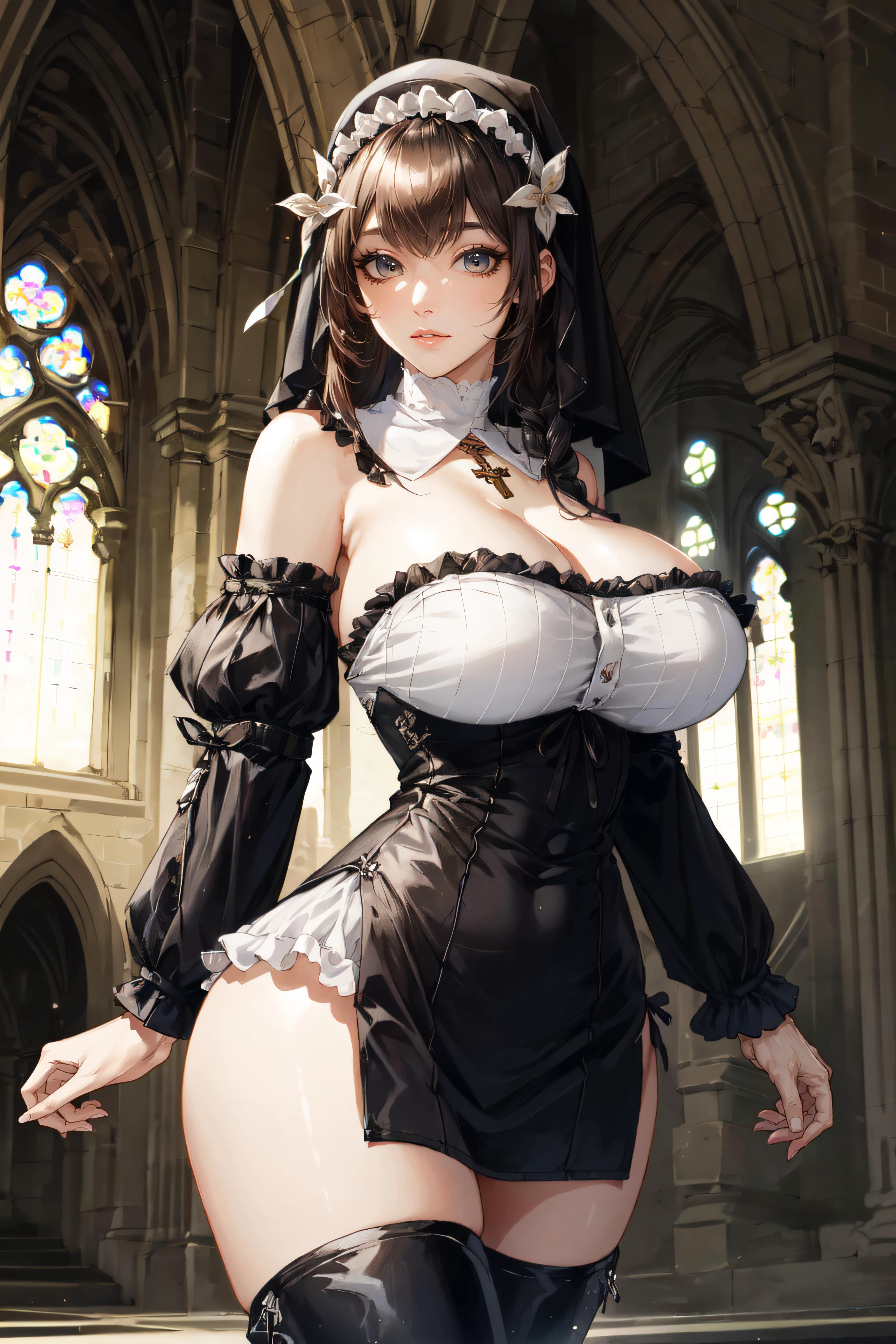 (masterpiece, best quality, ultra detailed, absurdres)1.5, 1girl, (sexy, beautiful woman, perfect face, perfect eyes, perfect female body, large breasts)1.5, (rabiane \(sinisistar\), rabiane, twin braids, nun, habit, detached collar, cross necklace, cleavage, black dress, frills, detached sleeves, black sleeves, thigh boots, <lora:rabiane-nvwls-v1:0.8>), (standing, indoors, cathedral), perfect lighting, smooth, hdr