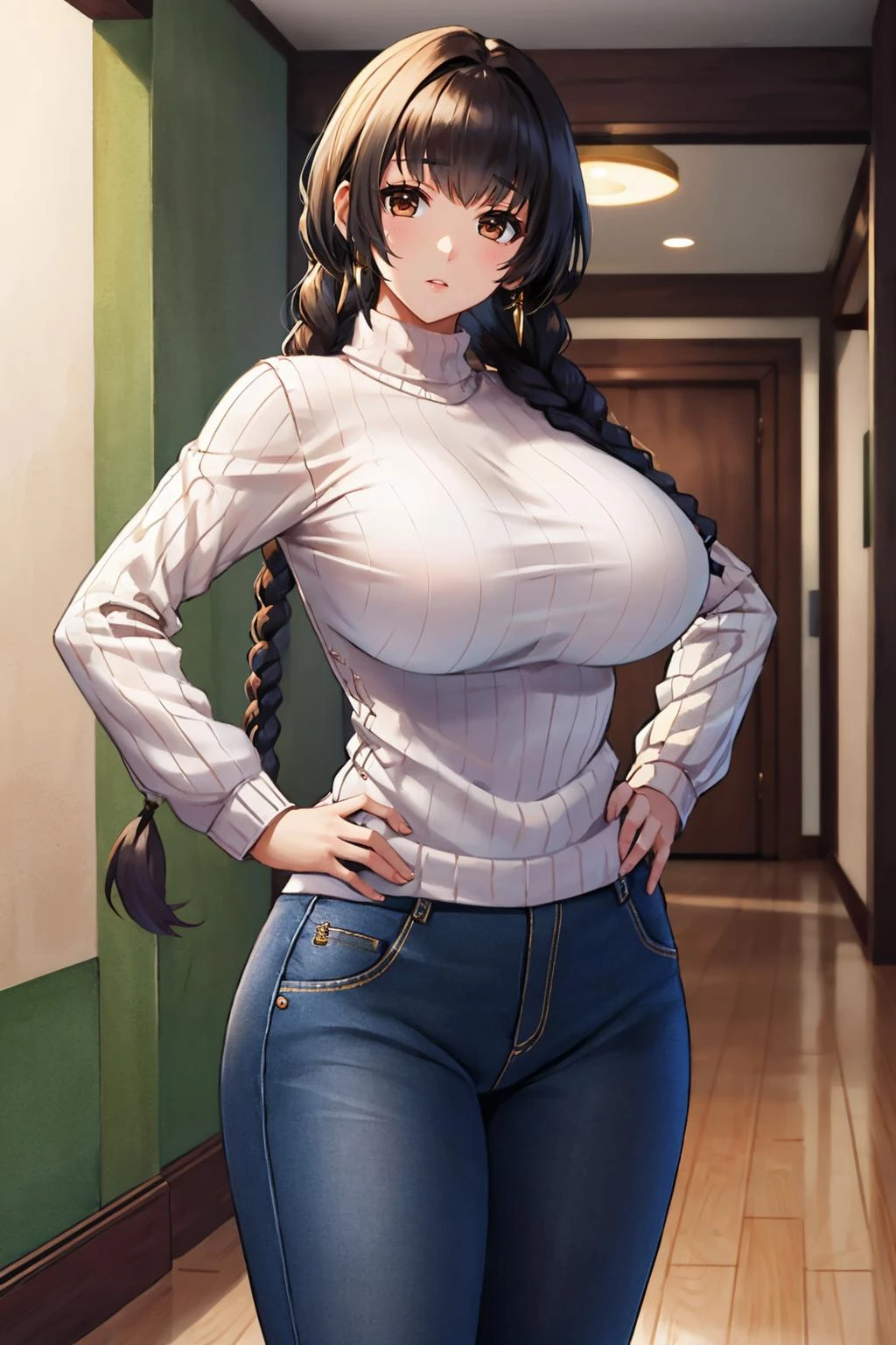 masterpiece, best quality, <lora:rabiane-nvwls-v1-000009:0.9> rabiane, twin braids, white sweater, large breasts, pants, looking at viewer, standing, indoors, house, painting, hallway, hands on hips