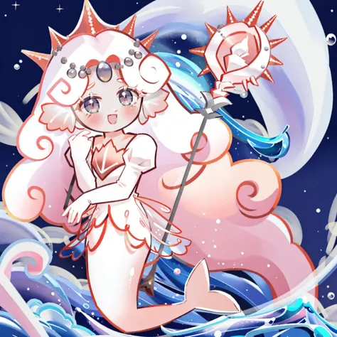(masterpiece, best quality, highres, ultra detailed:1.2), (solo, 1girl, full body), whitepearl, crown, mermaid, white mermaid tail, very long hair, BREAK, chibi, smile, BREAK, open mouth, dynamic pose, staff