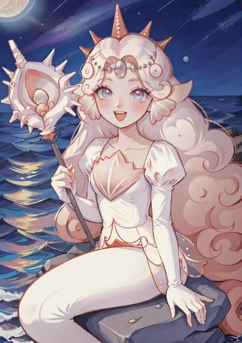 (masterpiece, best quality, highres, ultra detailed:1.2), (solo, 1girl, cowboy shot), whitepearl, monster girl, crown, mermaid, mermaid tail, white mermaid tail, very long hair, BREAK, smile, open mouth, BREAK, sitting on a rock in the middle of the ocean, (night, ocean, stars, moon)