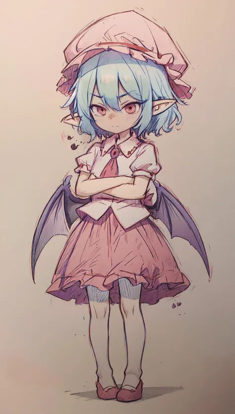 masterpiece, ascot, bat wings, Panty shot, shirt lift, butt, blue hair, dress, frills, hat, hat ribbon, mob cap, pink dress, puffy sleeves, red ascot, red eyes, red sash, remilia scarlet, ribbon, sash, short hair, short sleeves, white dress, wings, wrist cuffs,<lora:kameremi3:0.4>